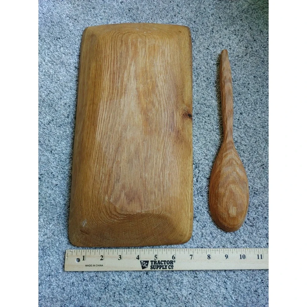 Hand Carved Wooden Dough Tray Decor Rustic Farmhouse Bread Serving Bowl & Spoon